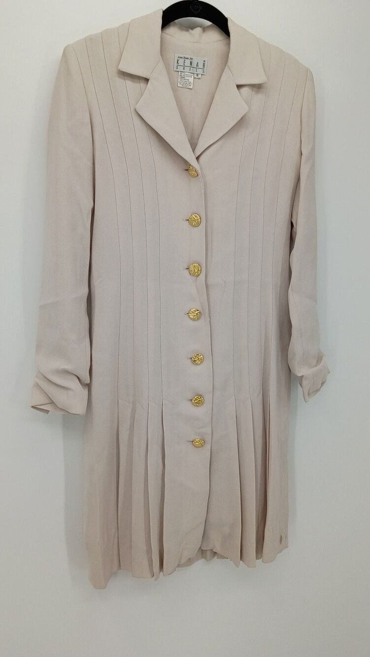 Vintage 80s Secretary Dress Pleated Midi Shoulder Pads Gold Buttons Workwear 6